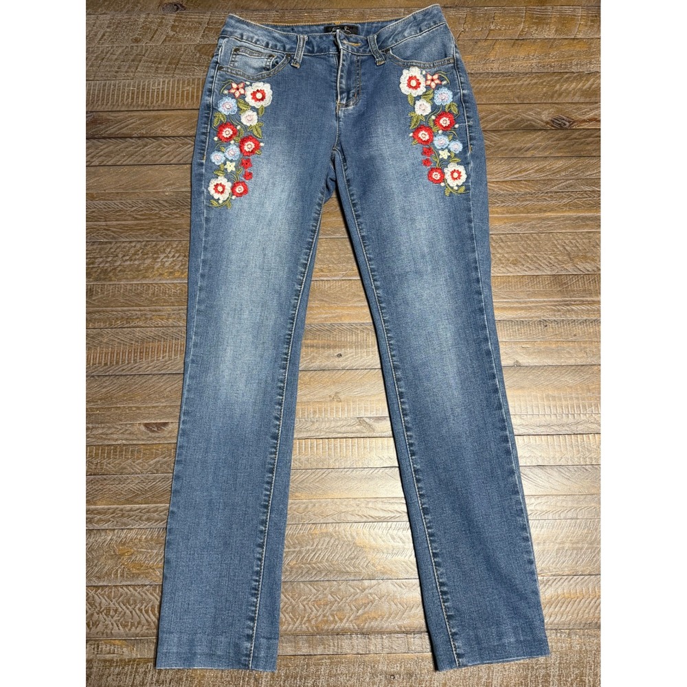 Earl Jean Skinny Ankle Jeans Women 2 Blue NWOT Floral Embroidered Stretch Denim